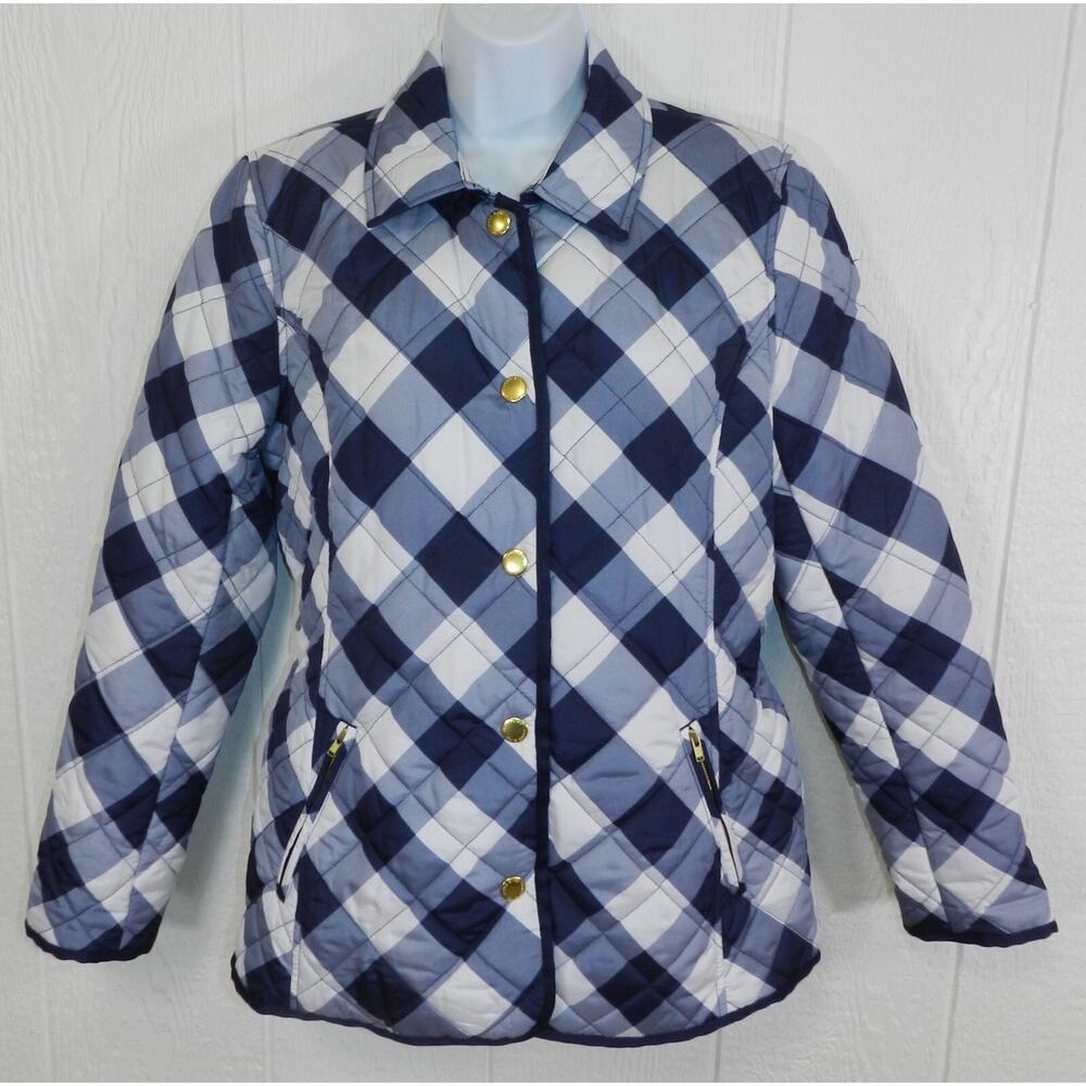 Crown & Ivy Quilted Jacket Size SMALL Blue & White Plaid beautiful coat (nn55)